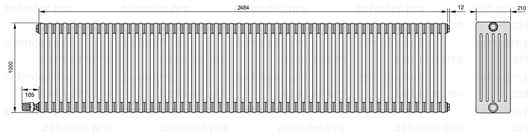 Схема (чертеж) Радиатор Zehnder Charleston 6100/54 №V003 Белый глянцевый RAL 9016
